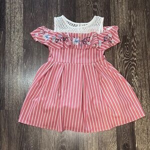 Girls dress cold shoulder style with lace and pink and white stripes